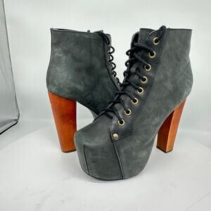 Jeffrey Campbell Lita Chunky Platform Gray Wooden Heel Leather Bootie Size 6.5